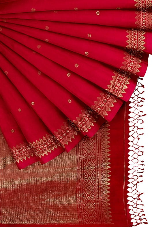 Red and Gold Zari Soft Handloom Cotton Banarasi Saree Balaram Saha