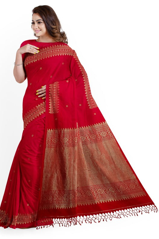 Red and Gold Zari Soft Handloom Cotton Banarasi Saree Balaram Saha