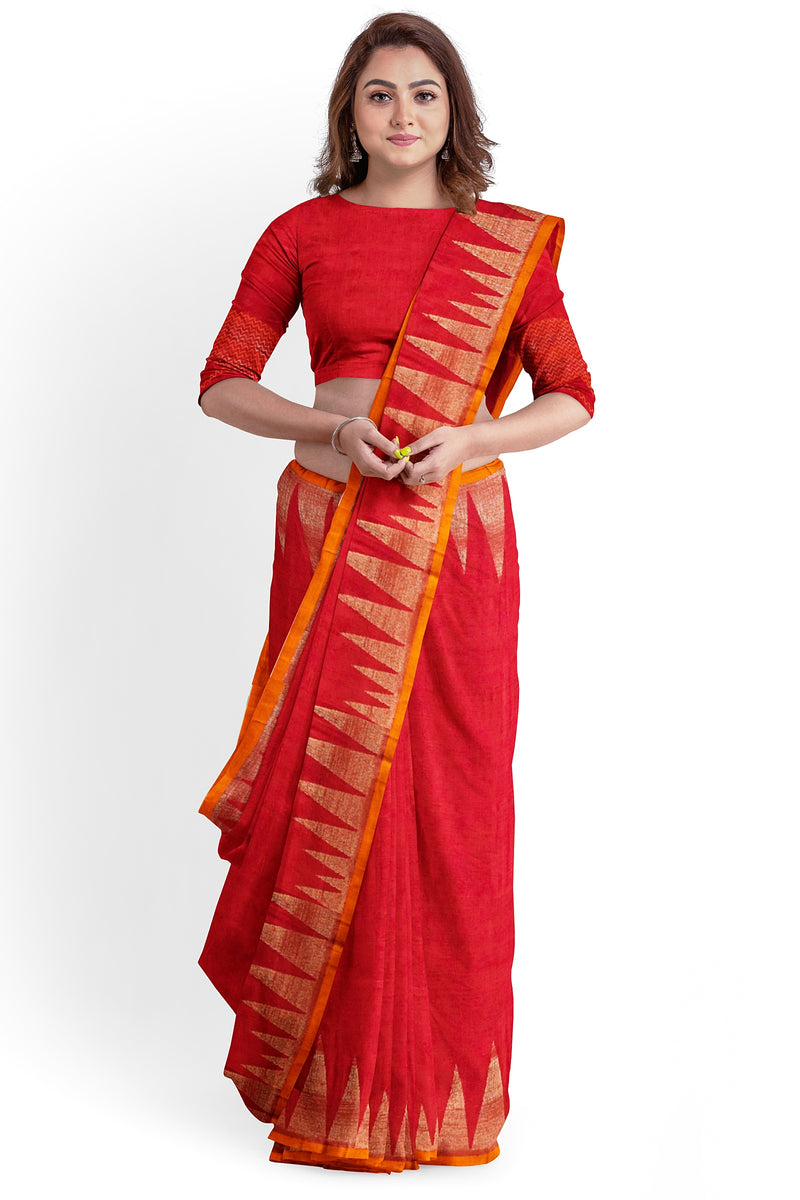 Red & Orange Handloom Premium Cotton Saree With Temple Border Of Balaram Saha (handloom saree, cotton saree, handloom cotton saree, balaram saha online, handloom sarees, balaram saha handloom saree store photos, balaram saha handloom saree store, cotton handloom saree, bengal handloom sarees, pure cotton, Zari border, handloom cotton saree with zari border, soft cotton saree with zari border, cotton saree for women, cotton saree online)  https://www.indiatimes.com/