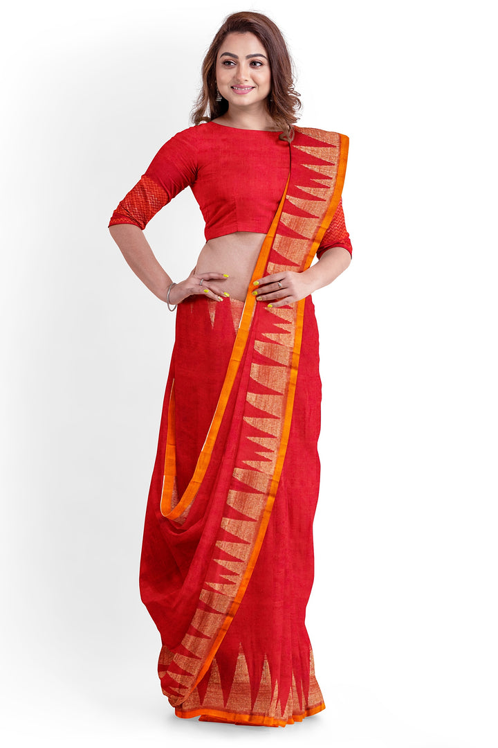 Red & Orange Handloom Premium Cotton Saree With Temple Border Of Balaram Saha (handloom saree, cotton saree, handloom cotton saree, balaram saha online, handloom sarees, balaram saha handloom saree store photos, balaram saha handloom saree store, cotton handloom saree, bengal handloom sarees, pure cotton, Zari border, handloom cotton saree with zari border, soft cotton saree with zari border, cotton saree for women, cotton saree online)