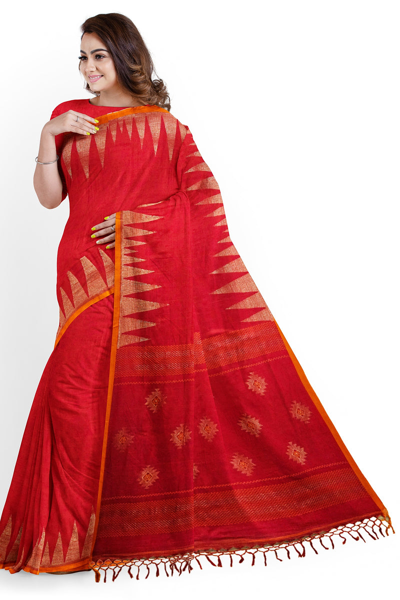 Red & Orange Handloom Premium Cotton Saree With Temple Border Of Balaram Saha (handloom saree, cotton saree, handloom cotton saree, balaram saha online, handloom sarees, balaram saha handloom saree store photos, balaram saha handloom saree store, cotton handloom saree, bengal handloom sarees, pure cotton, Zari border, handloom cotton saree with zari border, soft cotton saree with zari border, cotton saree for women, cotton saree online)