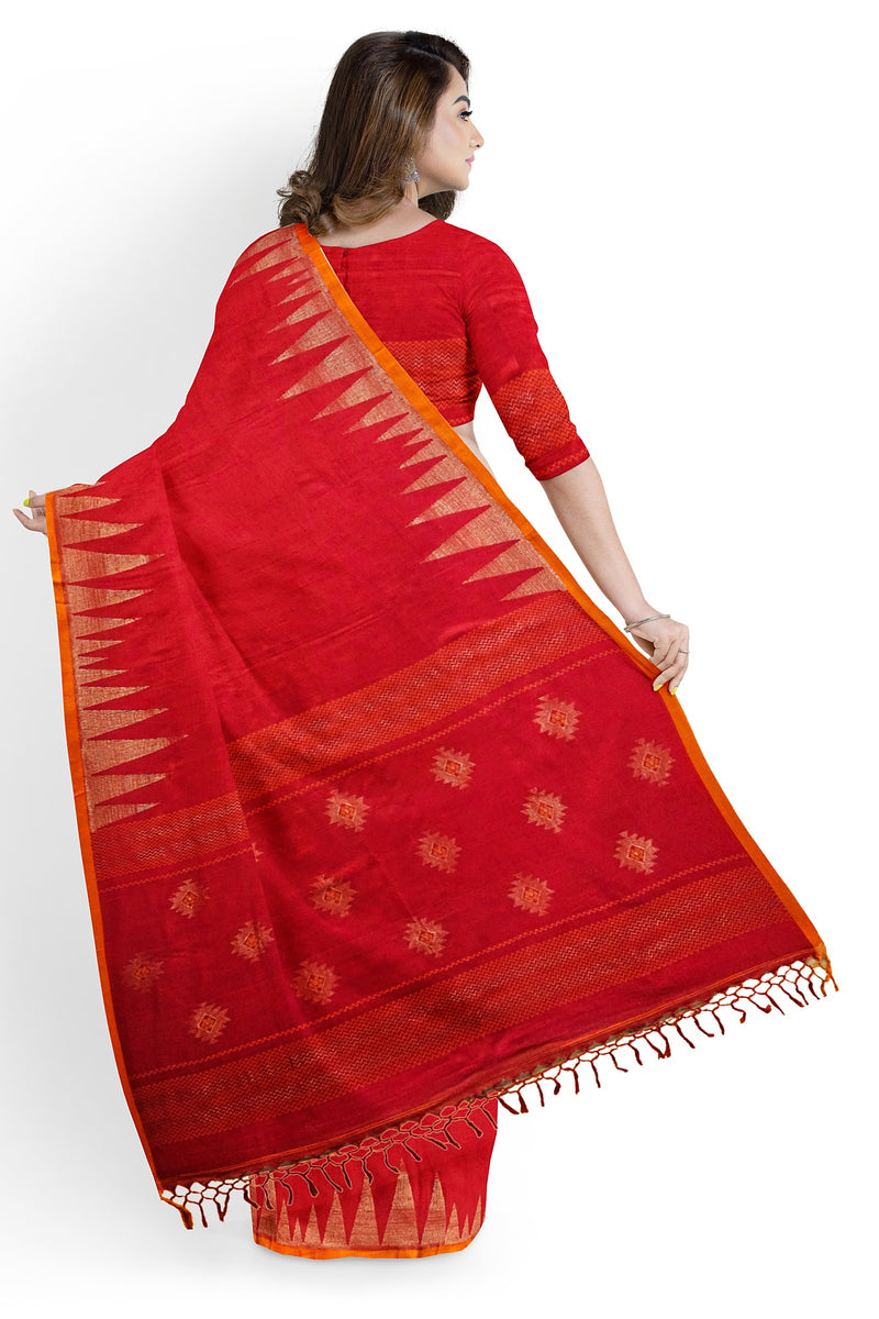 Red & Orange Handloom Premium Cotton Saree With Temple Border Of Balaram Saha (handloom saree, cotton saree, handloom cotton saree, balaram saha online, handloom sarees, balaram saha handloom saree store photos, balaram saha handloom saree store, cotton handloom saree, bengal handloom sarees, pure cotton, Zari border, handloom cotton saree with zari border, soft cotton saree with zari border, cotton saree for women, cotton saree online)  https://pixabay.com/