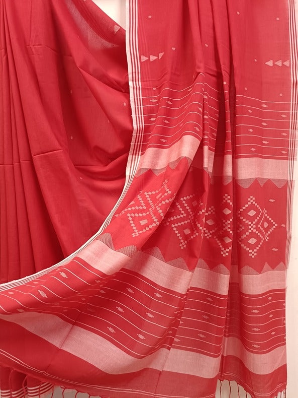 Red & White Handloom Handspun Cotton jamdani Saree Balaram Saha
