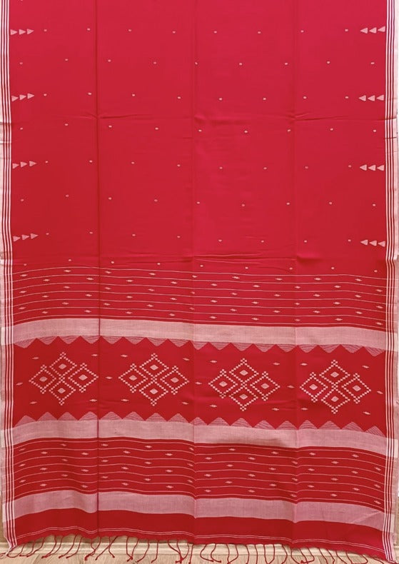 Red & White Handloom Handspun Cotton jamdani Saree Balaram Saha