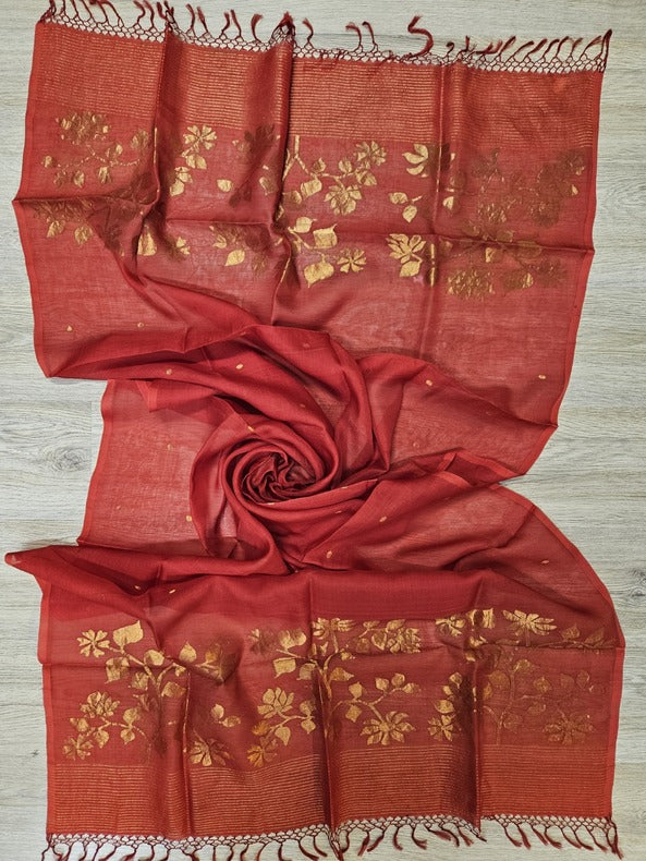 Red & Gold Zari muslin silk Dhakai Jamdani 2 piece Kurta Set Balaram Saha