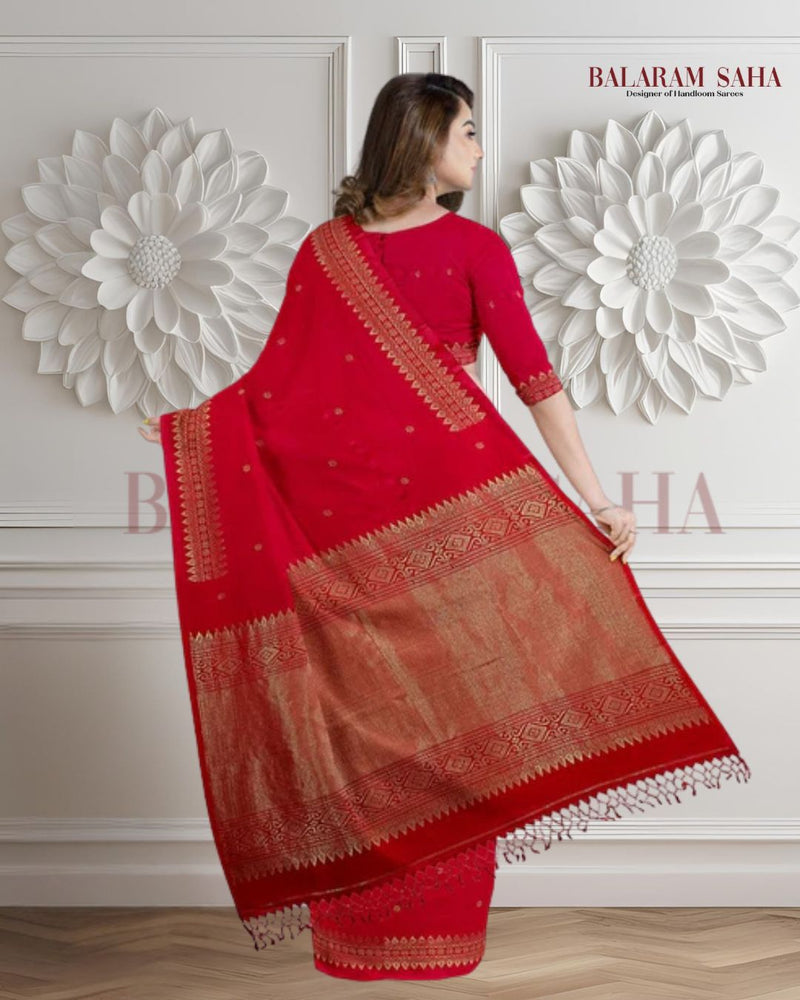 Balaram Saha: Heritage Handloom: Red and Gold Cotton Banarasi Saree Balaram Saha