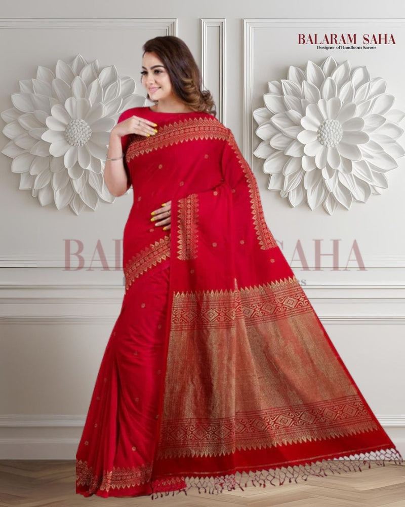 Balaram Saha: Heritage Handloom: Red and Gold Cotton Banarasi Saree Balaram Saha