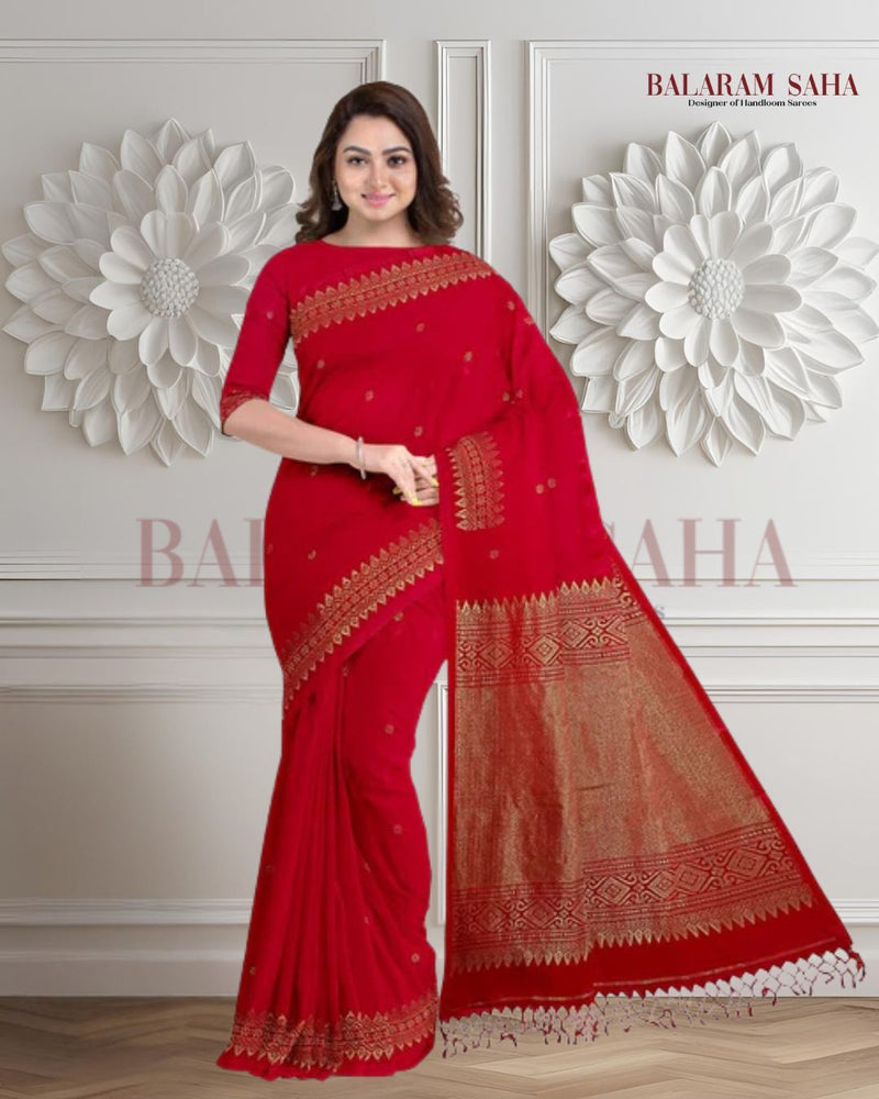 Balaram Saha: Heritage Handloom: Red and Gold Cotton Banarasi Saree Balaram Saha