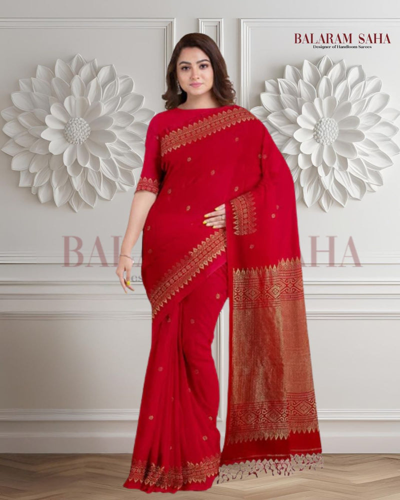 Balaram Saha: Heritage Handloom: Red and Gold Cotton Banarasi Saree Balaram Saha