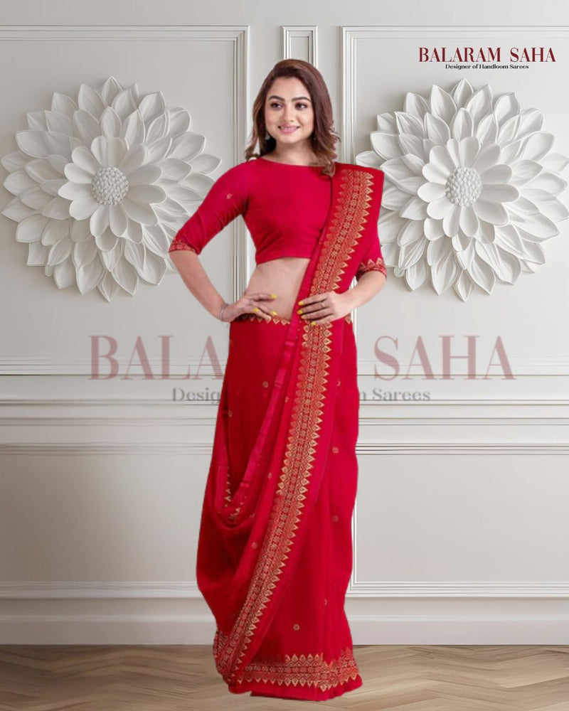 Balaram Saha: Heritage Handloom: Red and Gold Cotton Banarasi Saree Balaram Saha
