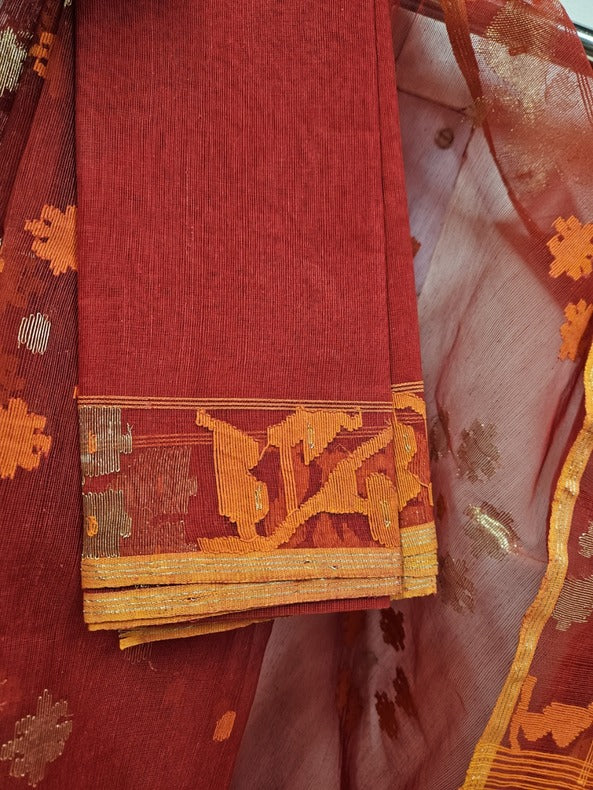 Red and Orange Handwoven Bangladesh Silk Jamdani Saree by Balaram Saha - (silk saree, silk jamdani saree, jamdani saree, jamdani sarees, cotton jamdani saree, jamdani cotton saree, balaram saha online, jamdani saree online, soft jamdani saree)