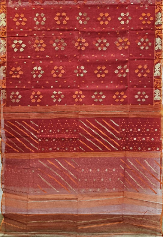 Red and Orange Handwoven Bangladesh Silk Jamdani Saree by Balaram Saha - (silk saree, silk jamdani saree, jamdani saree, jamdani sarees, cotton jamdani saree, jamdani cotton saree, balaram saha online, jamdani saree online, soft jamdani saree)   https://archive.org/