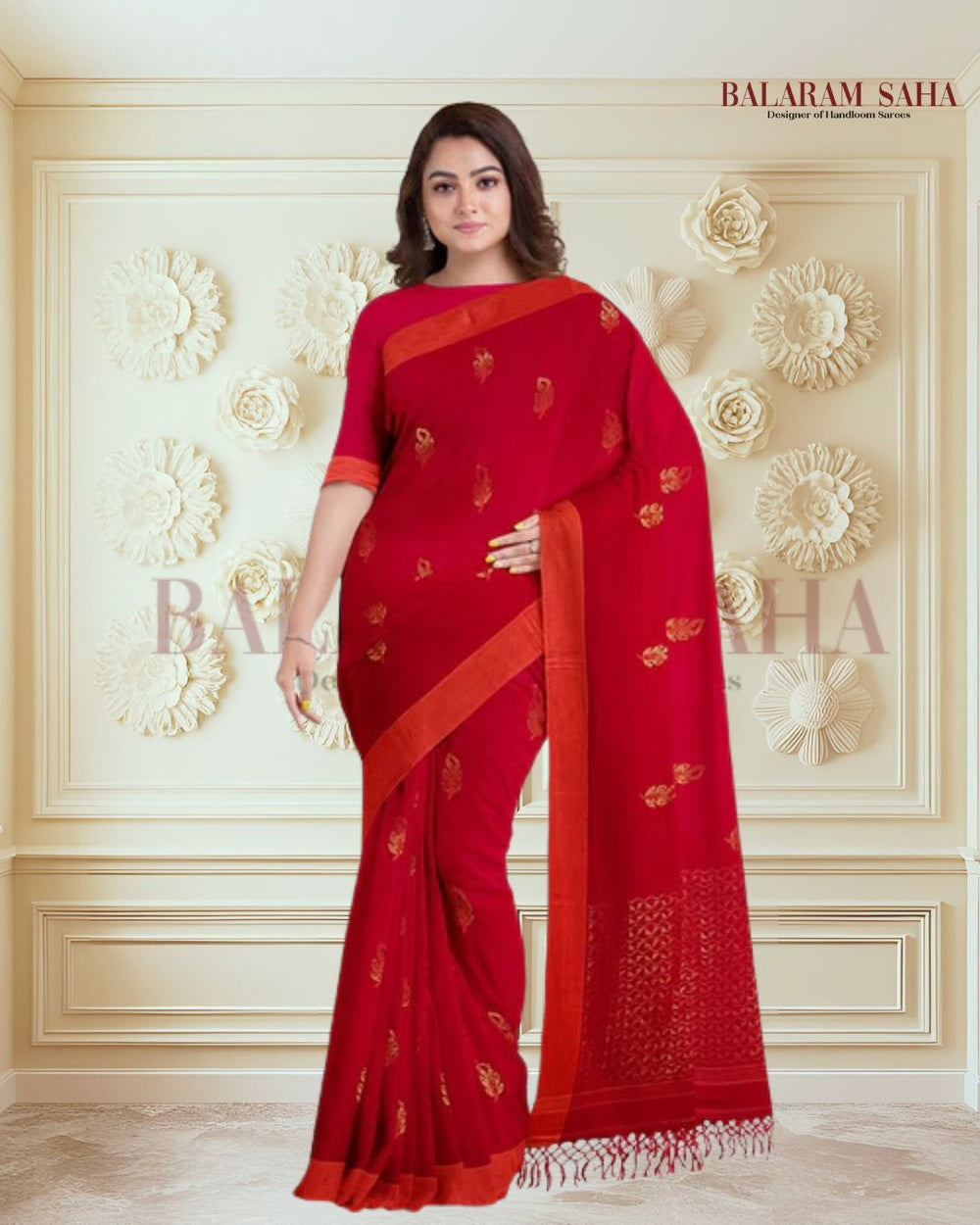 Red and Orange Soft Handloom Cotton Saree Balaram Saha