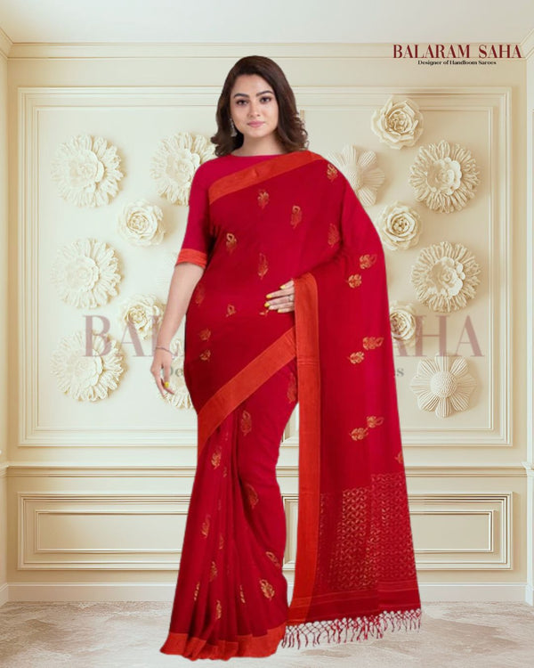 Red and Orange Soft Handloom Cotton Saree Balaram Saha