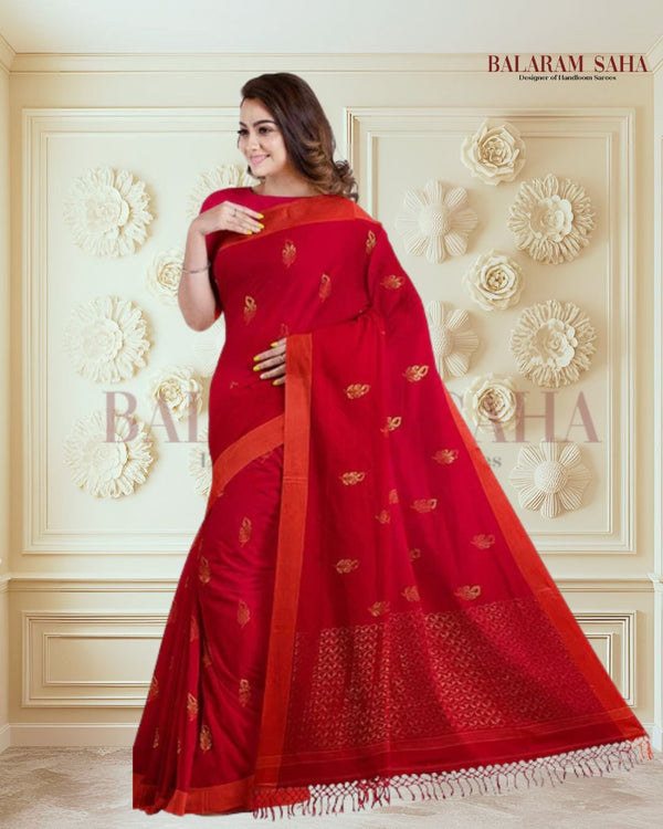 Red and Orange Soft Handloom Cotton Saree Balaram Saha