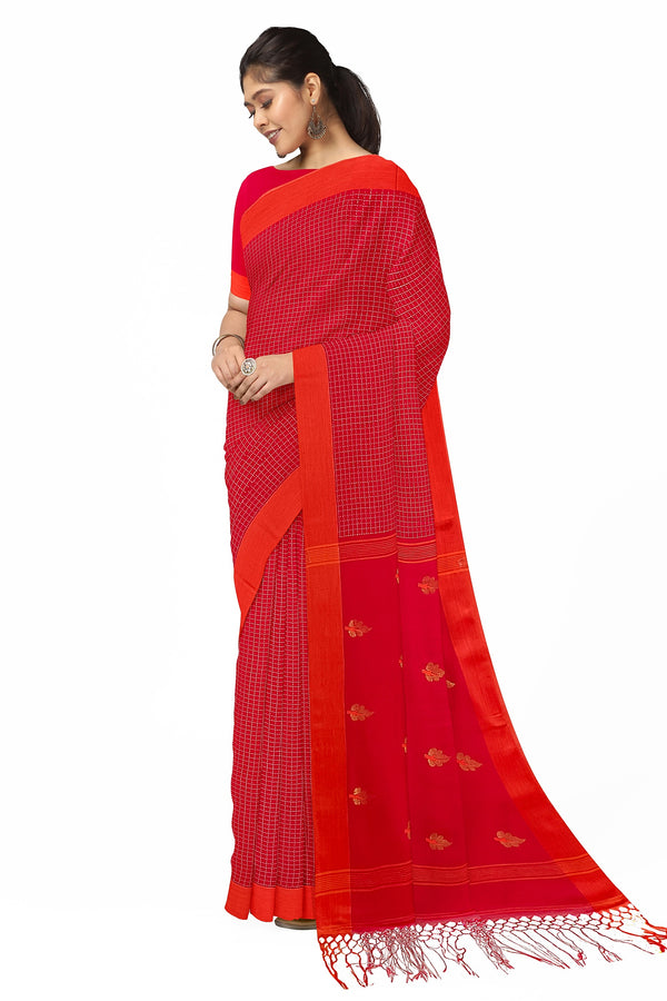 Red and Orange Handloom Cotton Sari Balaram Saha