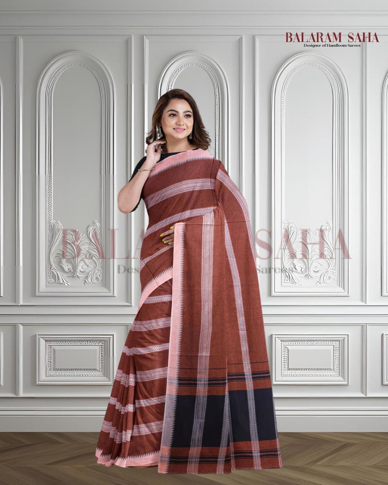 Balaram Saha's Handwoven Haven: Rust & White Soft Handloom Dhonekali Cotton Saree Balaram Saha