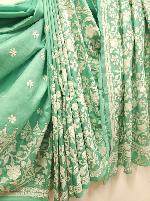 Balaram Saha: Luxury Meets Tradition - Sea Green & White Pure Silk Saree with Kantha Embroidery Balaram Saha