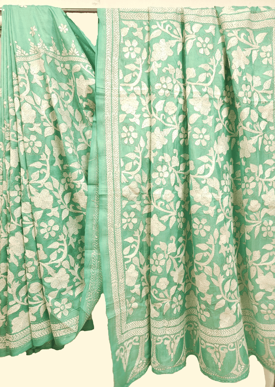 Balaram Saha: Luxury Meets Tradition - Sea Green & White Pure Silk Saree with Kantha Embroidery Balaram Saha