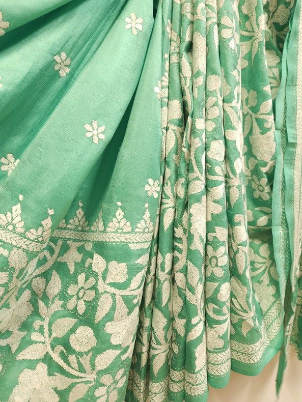 Balaram Saha: Luxury Meets Tradition - Sea Green & White Pure Silk Saree with Kantha Embroidery Balaram Saha