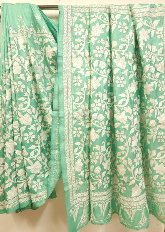 Balaram Saha: Luxury Meets Tradition - Sea Green & White Pure Silk Saree with Kantha Embroidery Balaram Saha