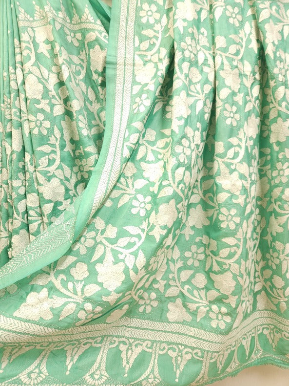 Balaram Saha: Luxury Meets Tradition - Sea Green & White Pure Silk Saree with Kantha Embroidery Balaram Saha