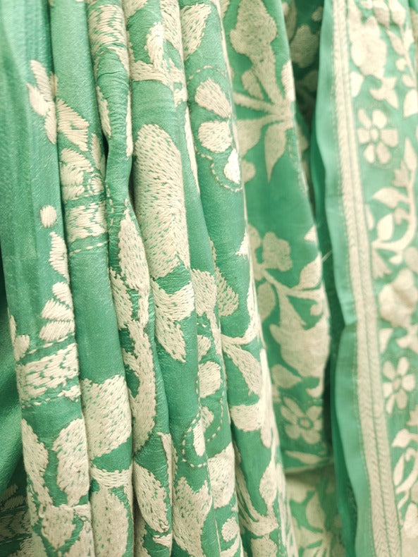 Balaram Saha: Luxury Meets Tradition - Sea Green & White Pure Silk Saree with Kantha Embroidery Balaram Saha