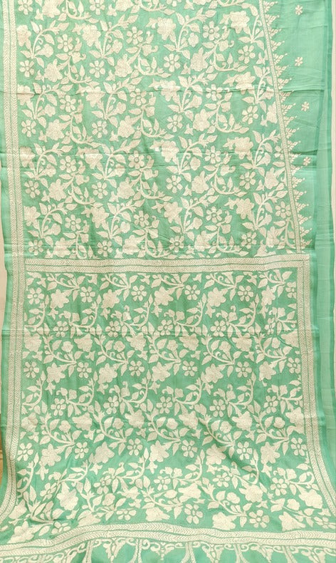 Balaram Saha: Luxury Meets Tradition - Sea Green & White Pure Silk Saree with Kantha Embroidery Balaram Saha