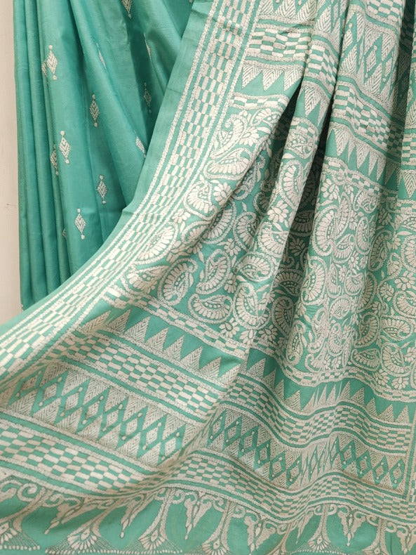 Sea Green & White Pure Silk Saree with Kantha Embroidery by Balaram Saha - (handloom saree, silk saree, handloom silk saree, balaram saha online, silk sarees, silk handloom saree, bengal handloom sarees, pure silk, silk saree online, bengali silk saree)    https://www.dailymotion.com/