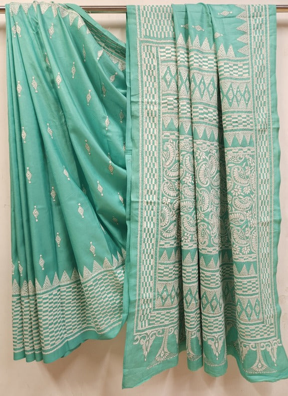 Sea Green & White Pure Silk Saree with Kantha Embroidery by Balaram Saha - (handloom saree, silk saree, handloom silk saree, balaram saha online, silk sarees, silk handloom saree, bengal handloom sarees, pure silk, silk saree online, bengali silk saree)   https://www.who.int/