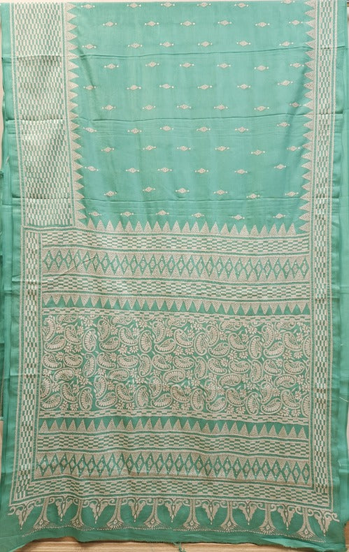 Sea Green & White Pure Silk Saree with Kantha Embroidery by Balaram Saha - (handloom saree, silk saree, handloom silk saree, balaram saha online, silk sarees, silk handloom saree, bengal handloom sarees, pure silk, silk saree online, bengali silk saree)