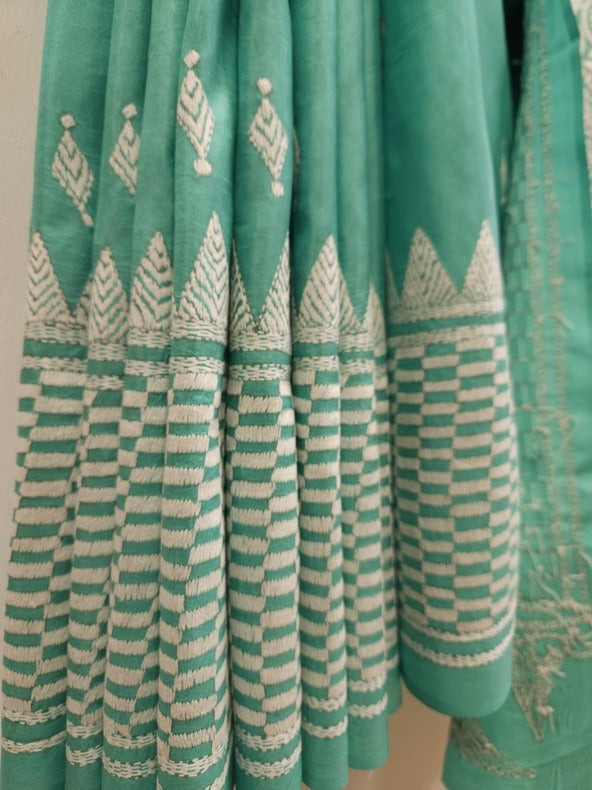 Sea Green & White Pure Silk Saree with Kantha Embroidery by Balaram Saha - (handloom saree, silk saree, handloom silk saree, balaram saha online, silk sarees, silk handloom saree, bengal handloom sarees, pure silk, silk saree online, bengali silk saree)   https://www.imdb.com/