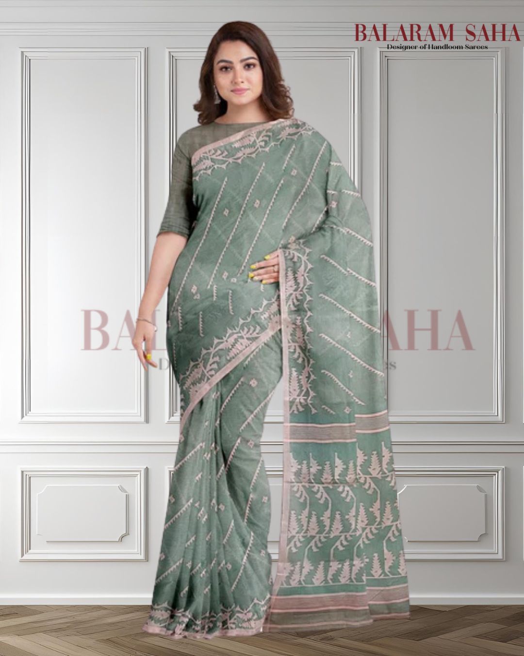 Sea Green & white Handwoven traditional Cotton Jamdani Saree - (handloom saree, cotton saree, handloom cotton saree, balaram saha online, handloom sarees, balaram saha handloom saree store photos, balaram saha handloom saree store, cotton handloom saree, bengal handloom sarees, pure cotton, cotton saree for women, cotton saree online)    https://sputnikglobe.com/