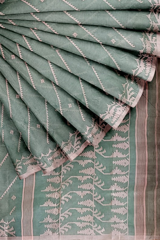 Sea Green & white Handwoven traditional Cotton Jamdani Saree - (handloom saree, cotton saree, handloom cotton saree, balaram saha online, handloom sarees, balaram saha handloom saree store photos, balaram saha handloom saree store, cotton handloom saree, bengal handloom sarees, pure cotton, cotton saree for women, cotton saree online)