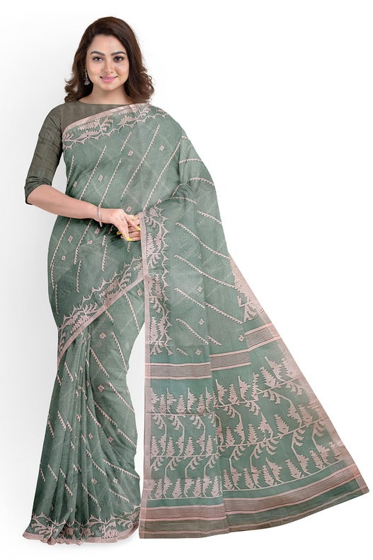 Sea Green & white Handwoven traditional Cotton Jamdani Saree - (handloom saree, cotton saree, handloom cotton saree, balaram saha online, handloom sarees, balaram saha handloom saree store photos, balaram saha handloom saree store, cotton handloom saree, bengal handloom sarees, pure cotton, cotton saree for women, cotton saree online)    https://sputnikglobe.com/