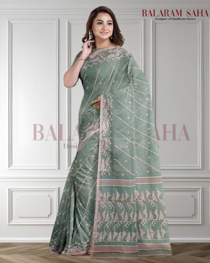 Sea Green & white Handwoven traditional Cotton Jamdani Saree - (handloom saree, cotton saree, handloom cotton saree, balaram saha online, handloom sarees, balaram saha handloom saree store photos, balaram saha handloom saree store, cotton handloom saree, bengal handloom sarees, pure cotton, cotton saree for women, cotton saree online)     https://www.bfmtv.com/