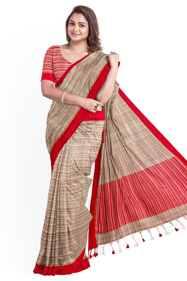 Beige Soft HandloomTussar Silk Saree With Bright Red Border Balaram Saha