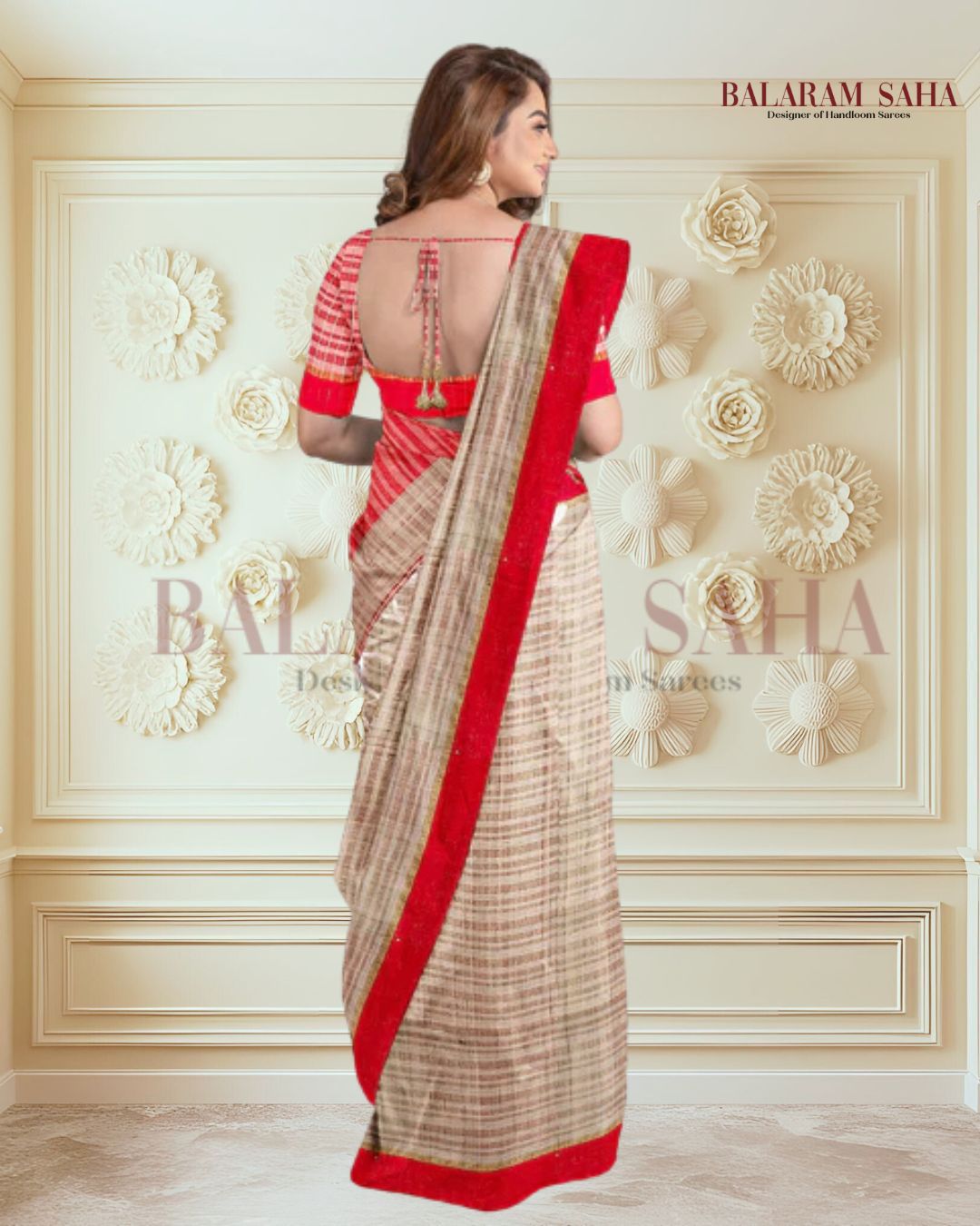 Beige Soft HandloomTussar Silk Saree With Bright Red Border Balaram Saha