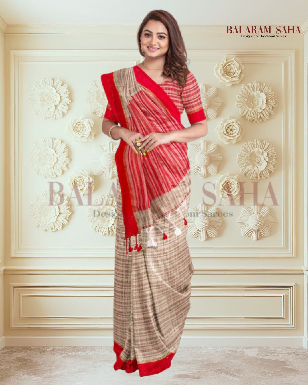 Beige Soft HandloomTussar Silk Saree With Bright Red Border Balaram Saha