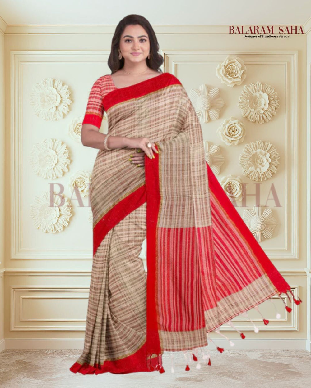 Beige Soft HandloomTussar Silk Saree With Bright Red Border Balaram Saha
