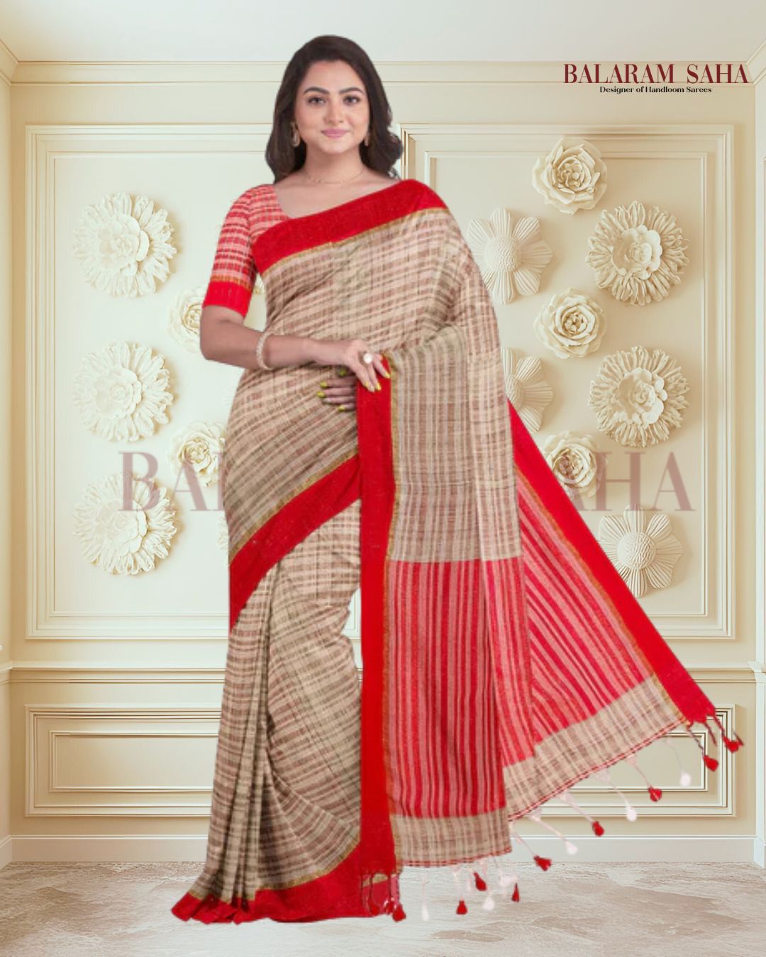 Beige Soft HandloomTussar Silk Saree With Bright Red Border Balaram Saha