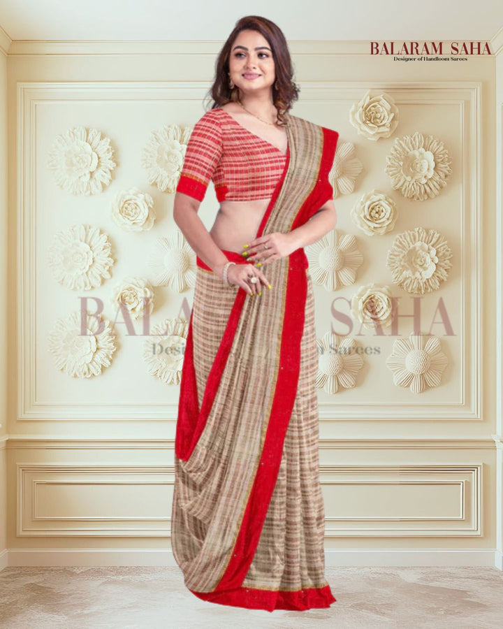 Beige Soft HandloomTussar Silk Saree With Bright Red Border Balaram Saha