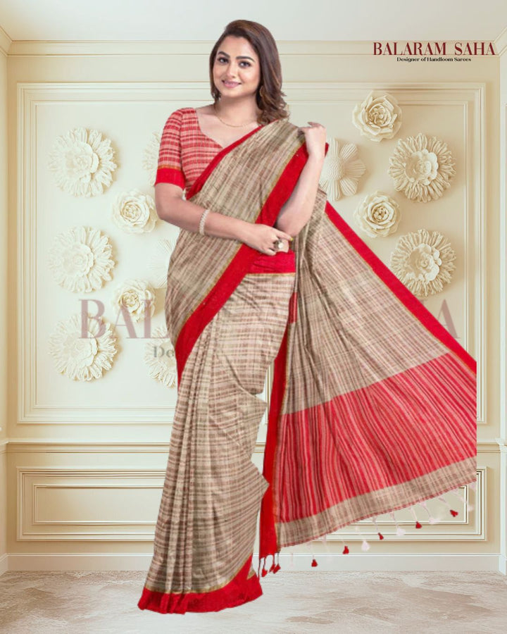 Beige Soft HandloomTussar Silk Saree With Bright Red Border Balaram Saha