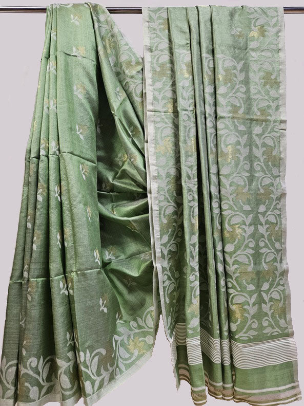 Green & White Soft Handloom Katan Silk Jamdani Saree Balaram Saha