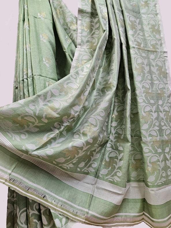 Green & White Soft Handloom Katan Silk Jamdani Saree Balaram Saha