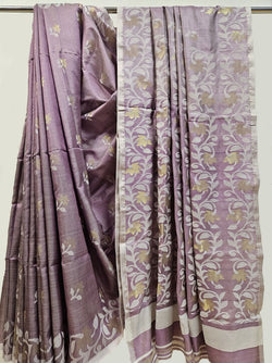 Mauve & White Soft Handloom Katan Silk Jamdani Saree Balaram Saha