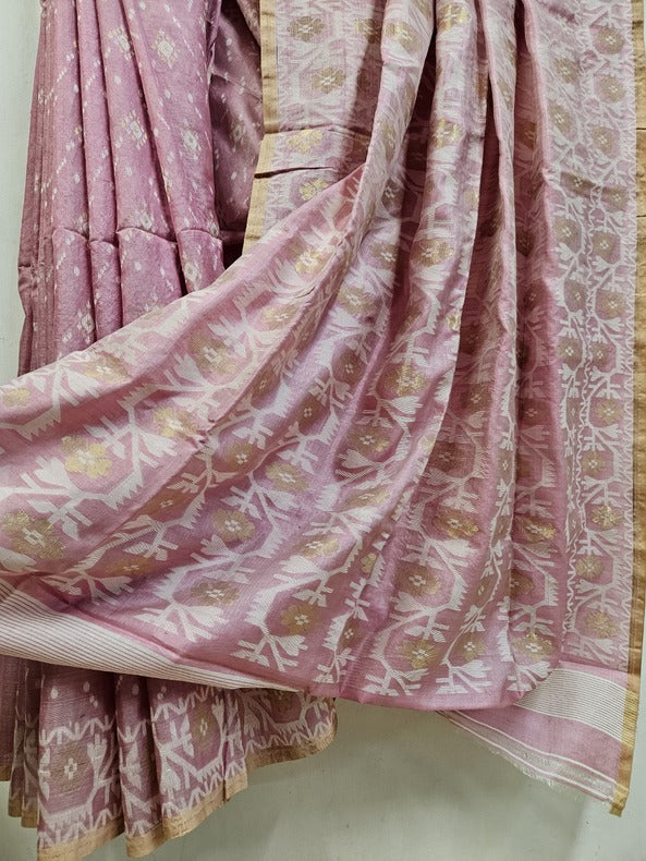 Pink & White Soft Handloom Katan Silk Jamdani Saree Balaram Saha