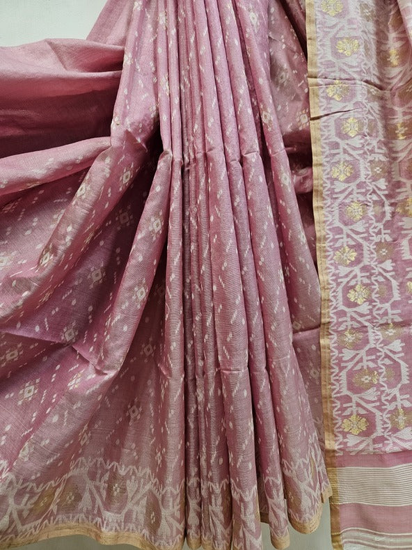 Pink & White Soft Handloom Katan Silk Jamdani Saree Balaram Saha