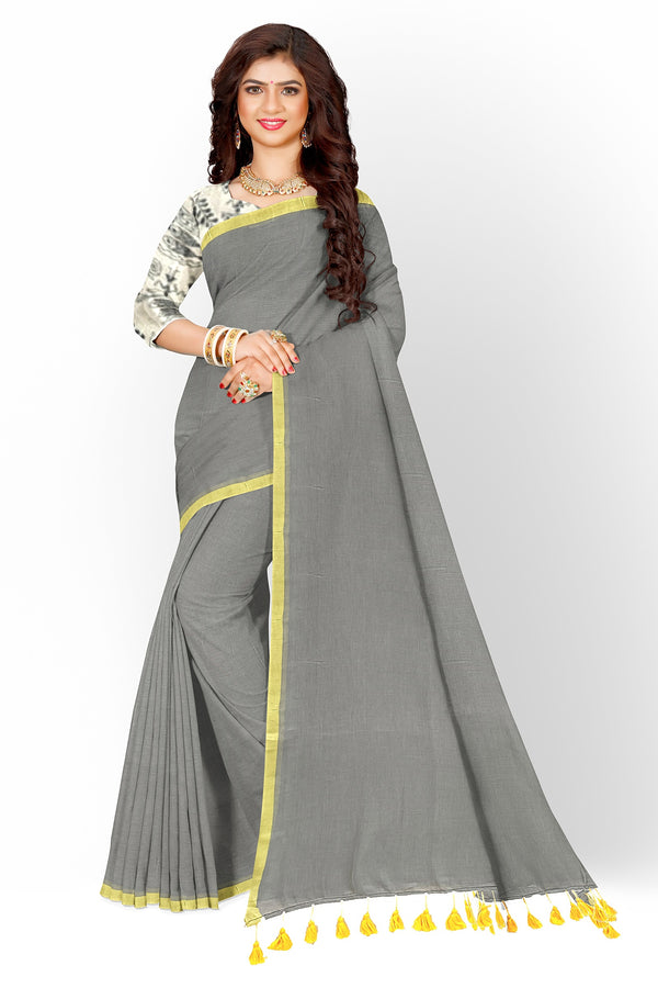 Grey & yellow Soft Handloom Mull Cotton saree Balaram Saha