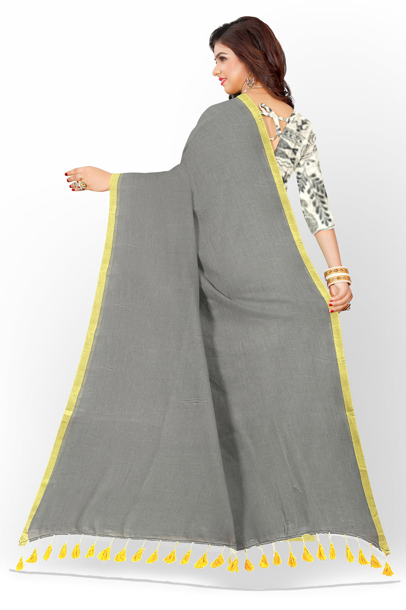 Grey & yellow Soft Handloom Mull Cotton saree Balaram Saha